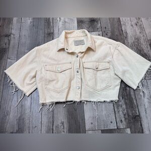 ALL SAINTS Crop Denim Jacket Off White Short Sleeve Raw Hem Size US 6 Uk 10
